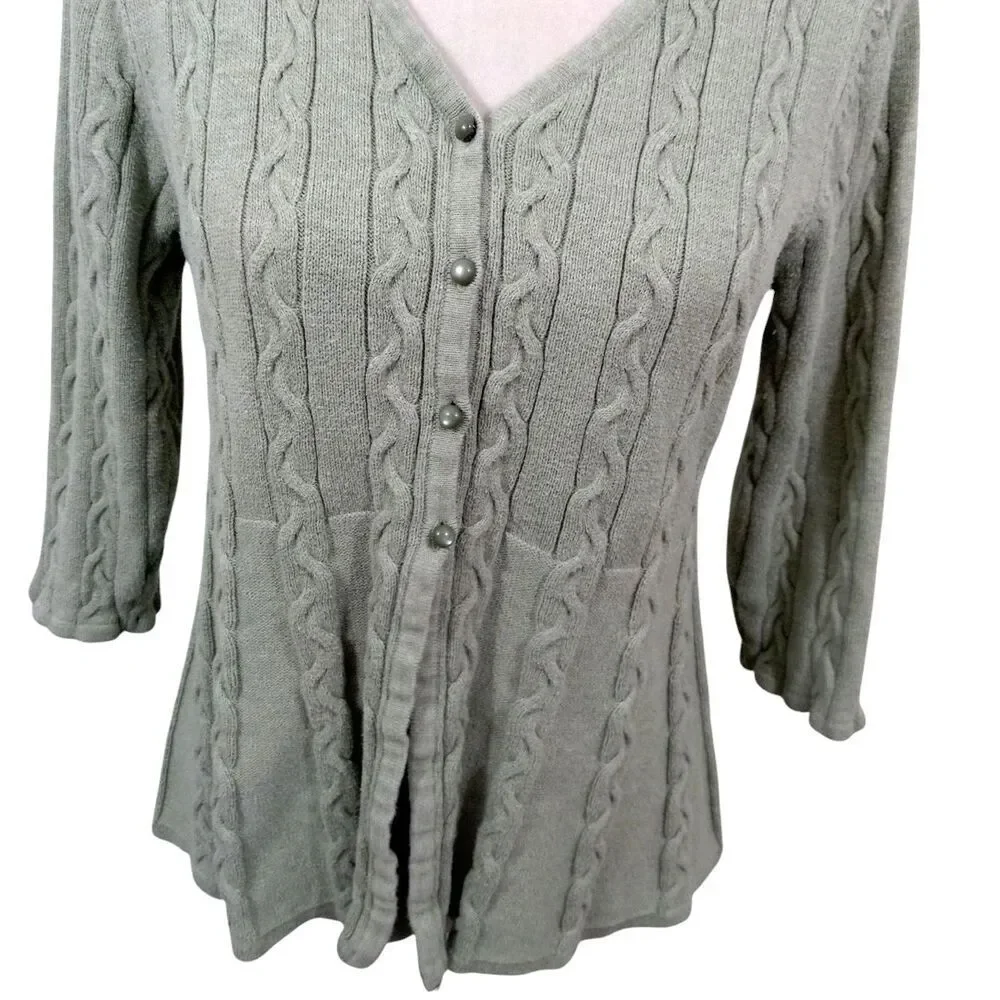 Croft & Barrow Womens Large Cardigan Sweater Green 1/4 Button V Neck 3/4 Sleeve - Picture 4 of 9